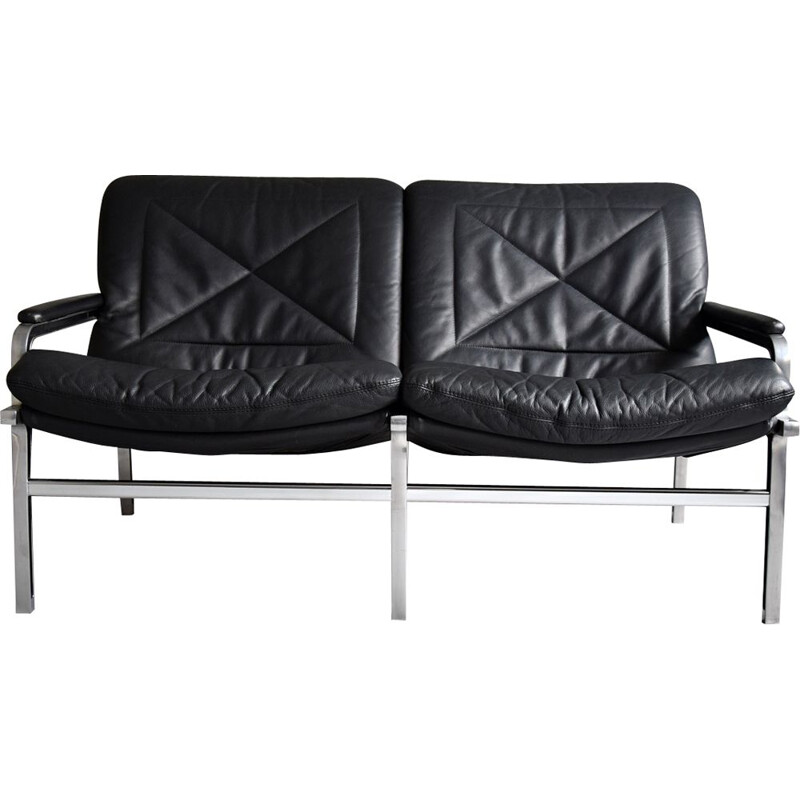 Vintage aluminium and black leather sofa by Andre Vanden Beuck for Strässle, 1960s