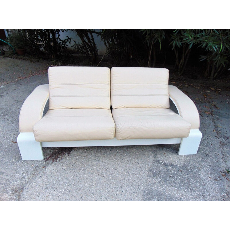 Mid century leather and lacquered wood roche bobois sofa