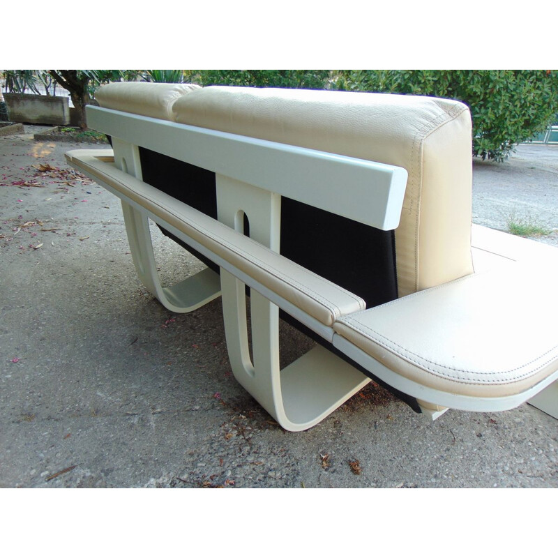Mid century leather and lacquered wood roche bobois sofa
