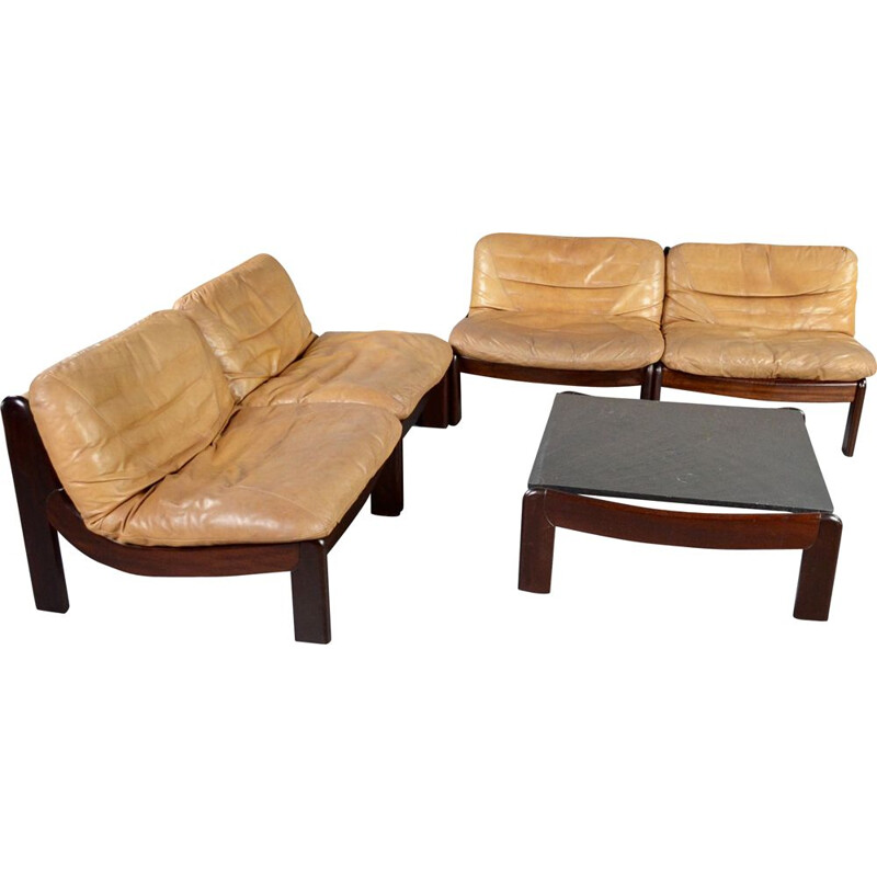 Vintage cognac leather and rosewood modular living room set