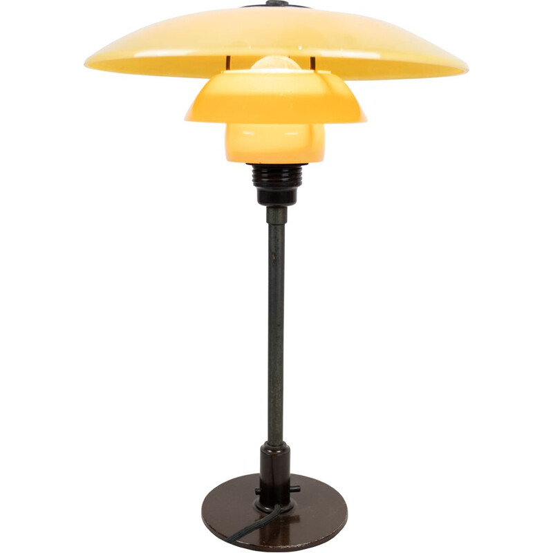 Vintage PH 3-12 2-12 table lamp with burnished metal frame and yellow matt opal shades, 1933