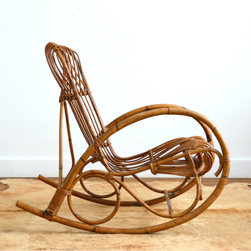 Chaise à bascule vintage en bambou et rotin de Rohe Noordwolde,﻿ 1950-1960
