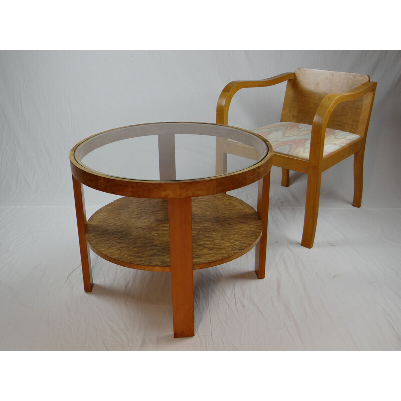 Set of Art deco vintage coffee table and armchair
