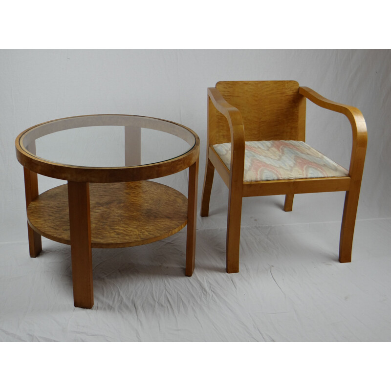 Set of Art deco vintage coffee table and armchair