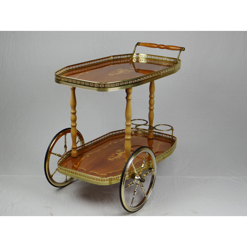 Chariot de bar vintage avec incrustation de bois