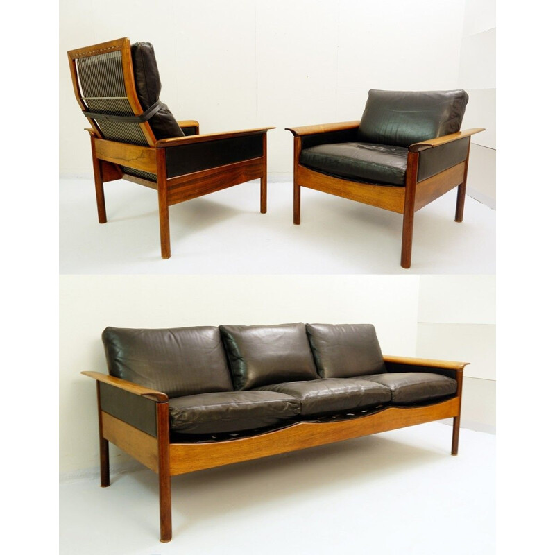 Mid-century living room set in black leather by Leolux, Netherlands 1970s