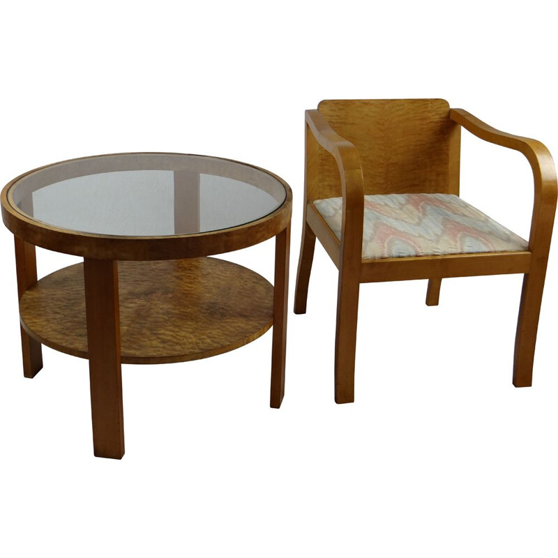 Set of Art deco vintage coffee table and armchair