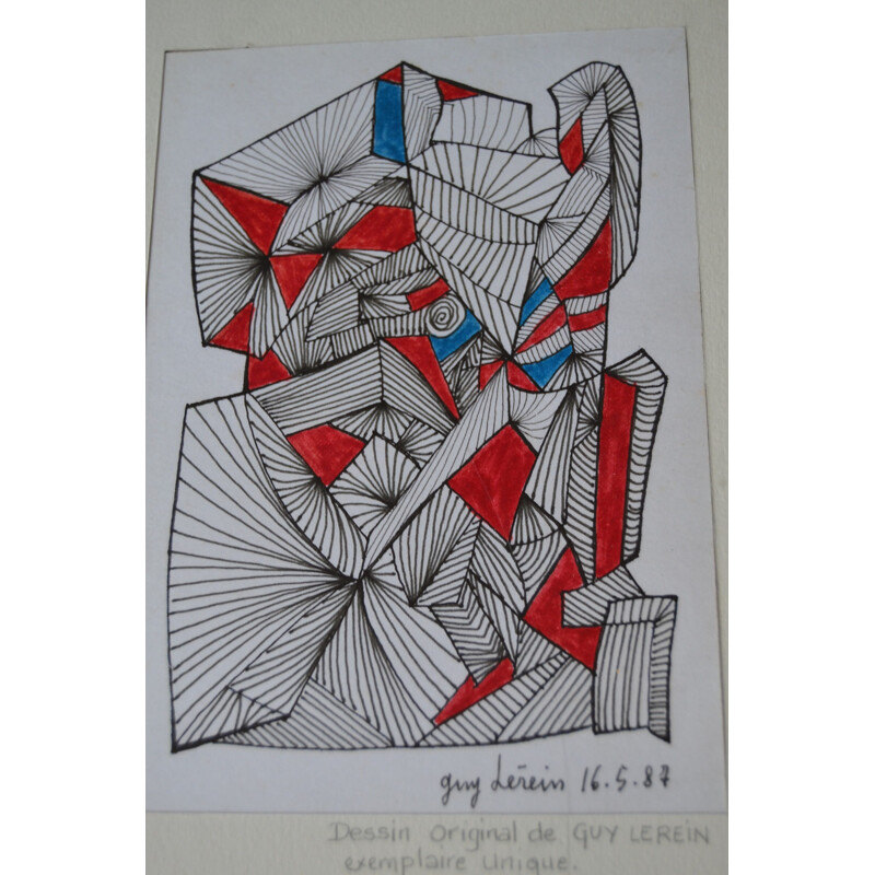 Dessin abstrait à l'encre sur papier, Guy Claude LEREIN - 1980