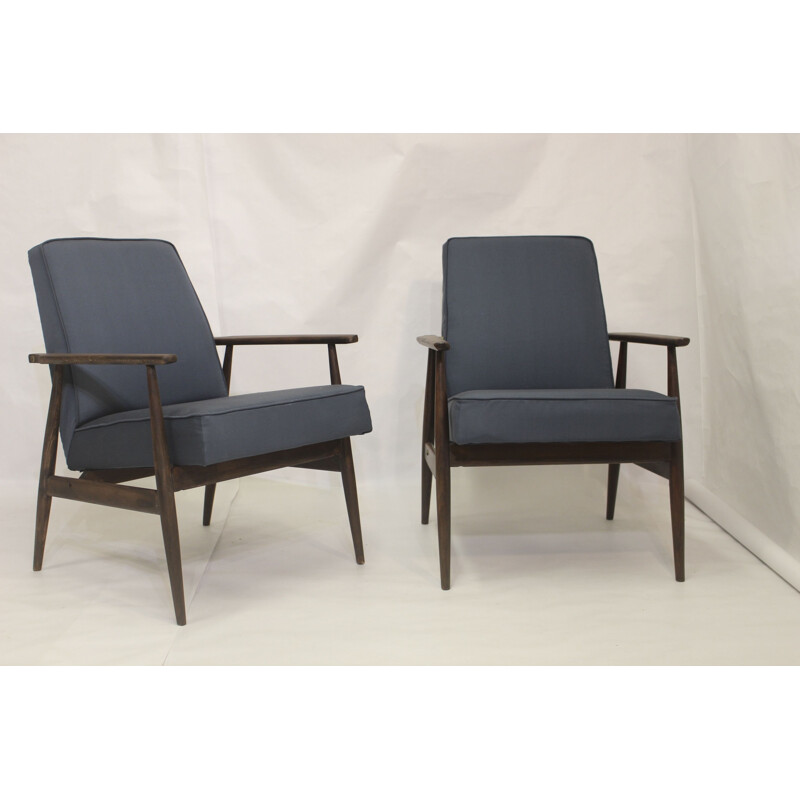 Pair of vintage armchairs 300-190 in blue fabric by Henryk lis, 1970