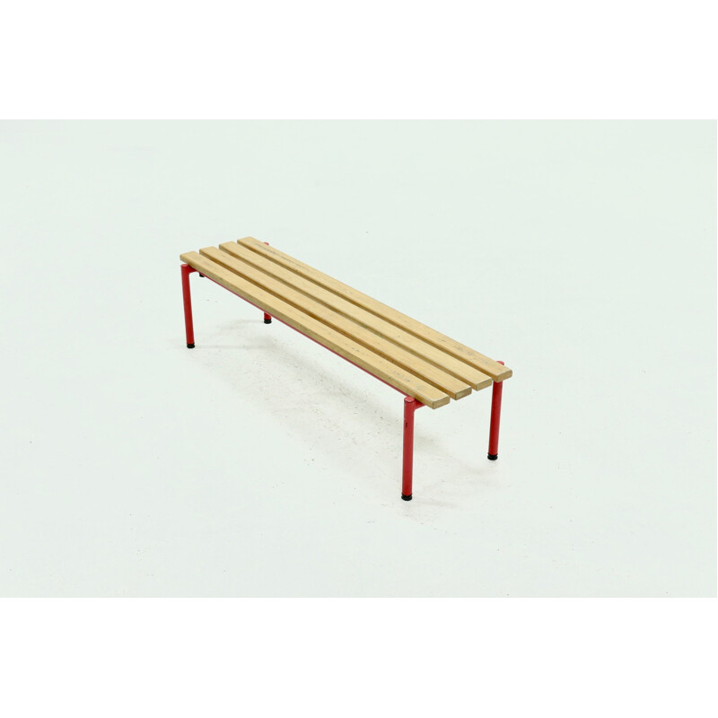 Mid century steel and beechwood slat bench, 1970s