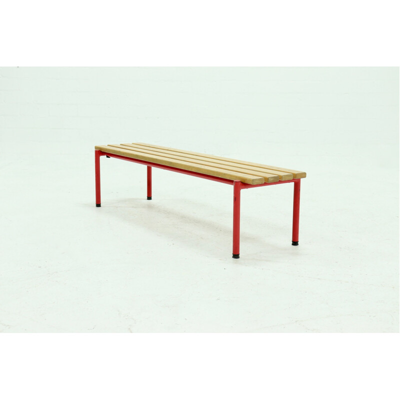 Mid century steel and beechwood slat bench, 1970s