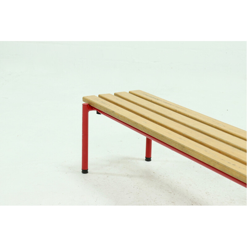 Mid century steel and beechwood slat bench, 1970s