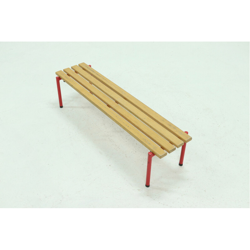 Mid century steel and beechwood slat bench, 1970s