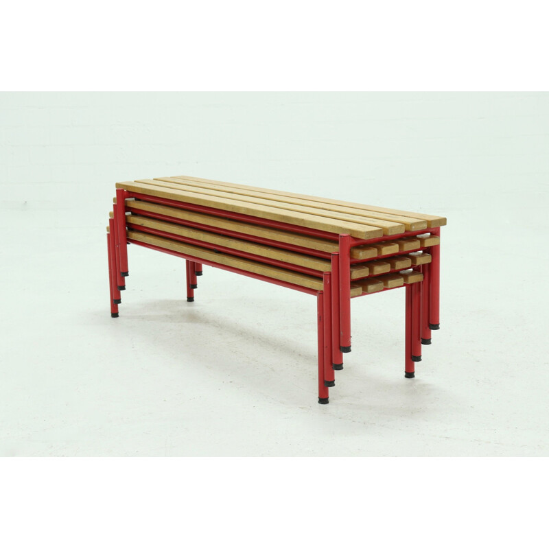 Mid century steel and beechwood slat bench, 1970s