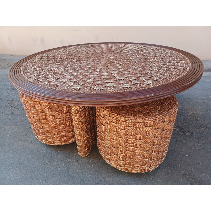 Set of vintage coffee table and 4 stools in braided rope