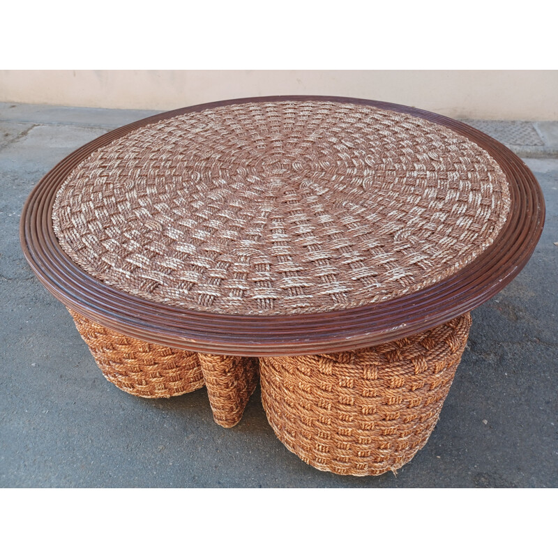 Set of vintage coffee table and 4 stools in braided rope