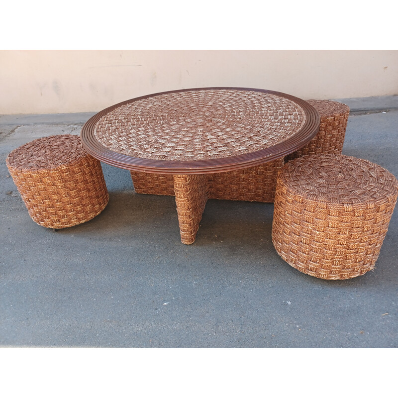 Set of vintage coffee table and 4 stools in braided rope