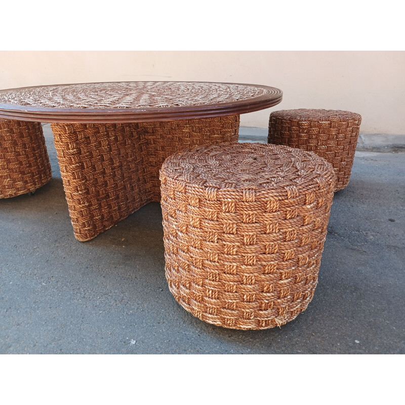 Set of vintage coffee table and 4 stools in braided rope