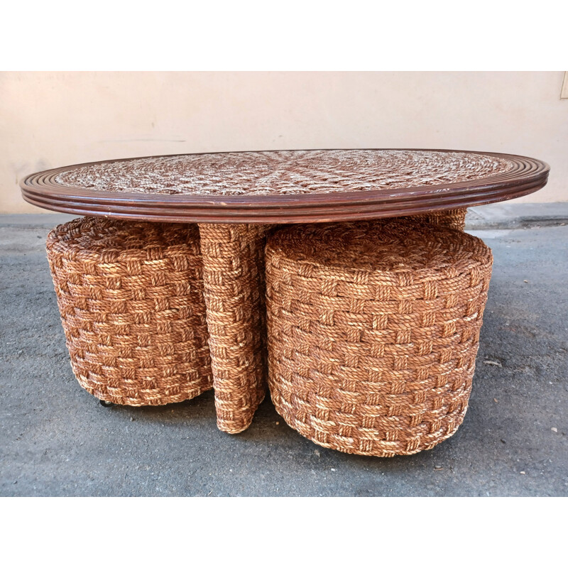 Set of vintage coffee table and 4 stools in braided rope