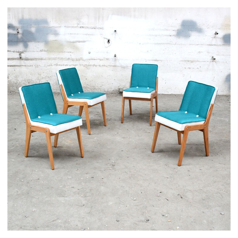 Set of four chairs in tuquoise and white fabric - 1960s