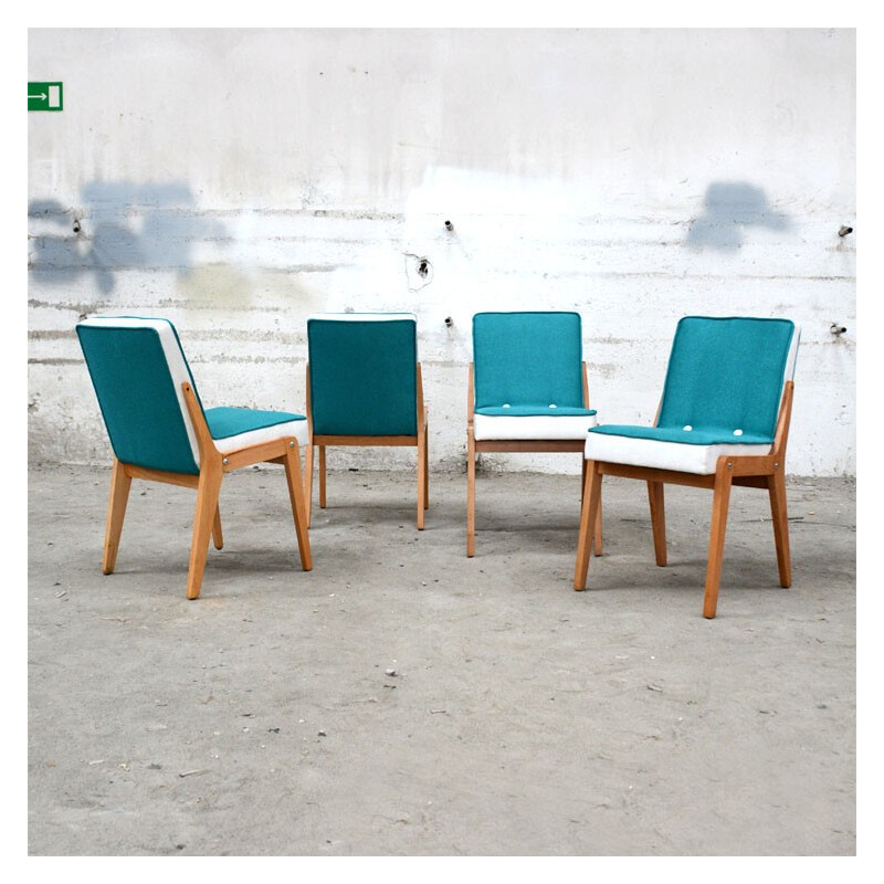 Suite de quatre chaises en tissu turquoise et blanc - 1960