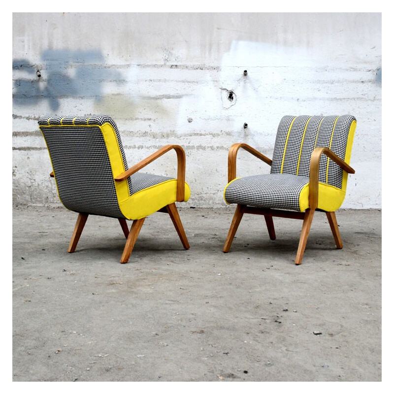 Armchair in yellow and Houndstooth fabric - 1960s