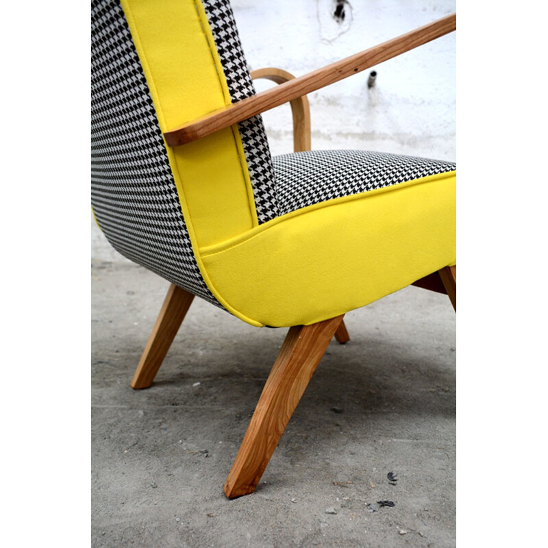 Armchair in yellow and Houndstooth fabric - 1960s