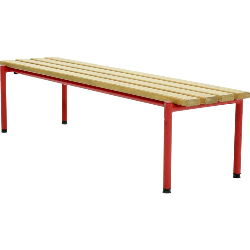 Mid century steel and beechwood slat bench, 1970s