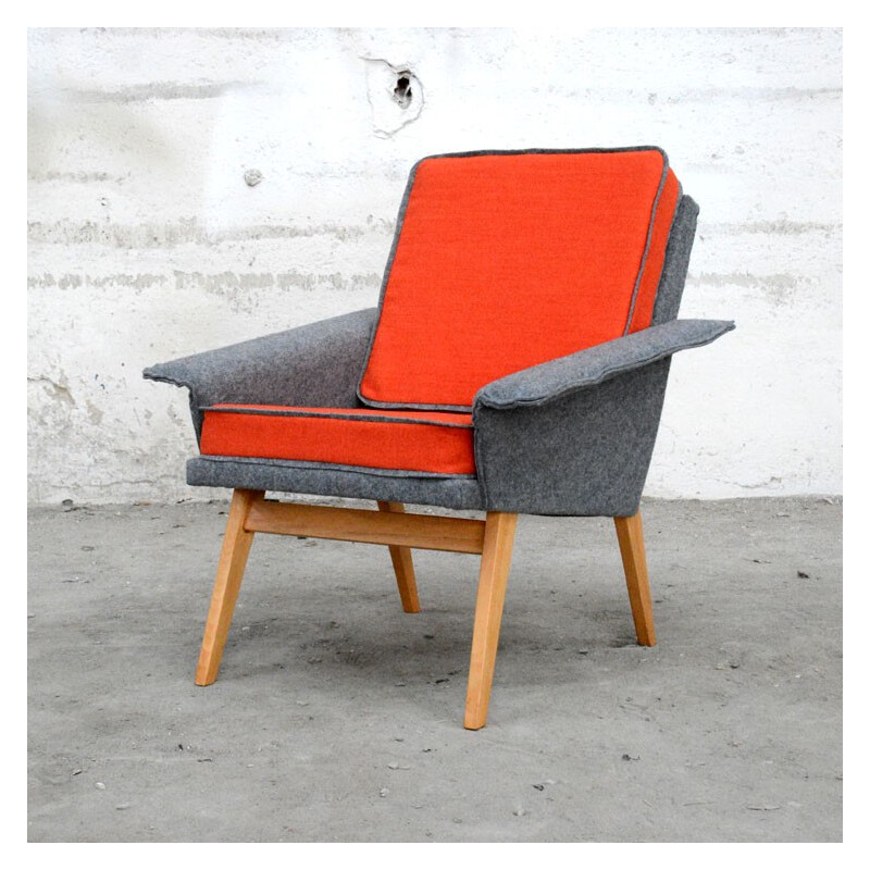Armchair in orange and grey felt - 1960s