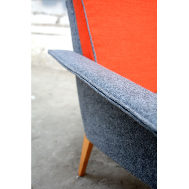 Fauteuil vintage orange et gris en feutrine - 1960