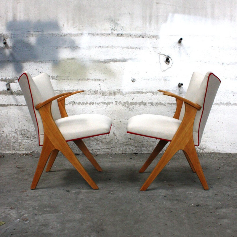 Fauteuil en tissu beige clair et bois - 1960