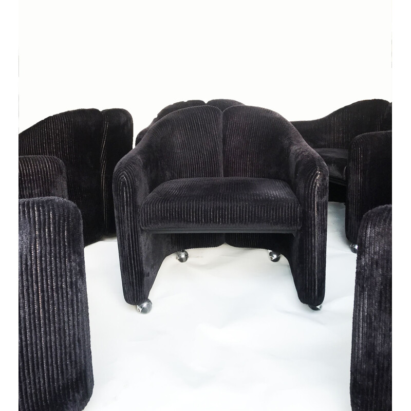 Set of 6 vintage PS142 black corduroy armchairs by Eugenio Gerli for Tecno, 1960s