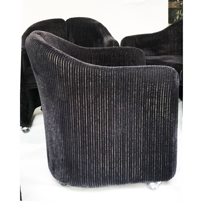 Ensemble de 6 fauteuils vintage PS142 en velours côtelé noir d'Eugenio Gerli pour Tecno, 1960