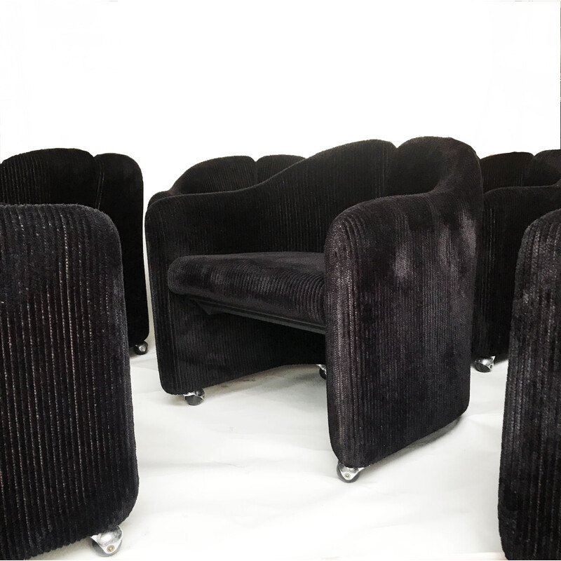 Juego de 6 sillones vintage PS142 de pana negra de Eugenio Gerli para Tecno, 1960