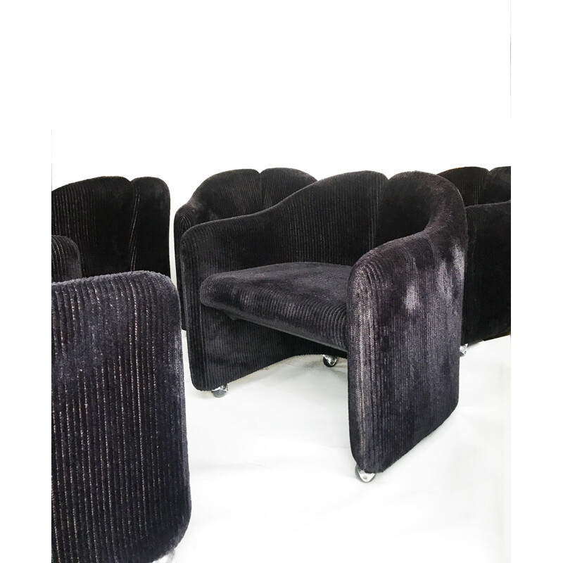 Ensemble de 6 fauteuils vintage PS142 en velours côtelé noir d'Eugenio Gerli pour Tecno, 1960