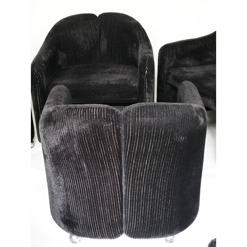 Set van 6 vintage PS142 zwart corduroy fauteuils van Eugenio Gerli voor Tecno, 1960