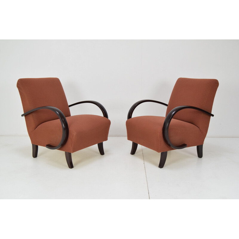 Pair of mid-century fabric and wood armchairs by Jindrich Halabala, Czechoslovakia 1950s