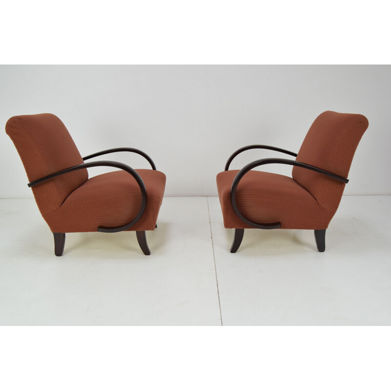 Pair of mid-century fabric and wood armchairs by Jindrich Halabala, Czechoslovakia 1950s