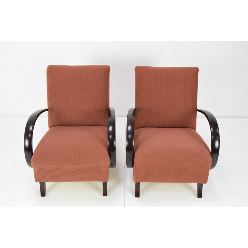 Pair of mid-century fabric and wood armchairs by Jindrich Halabala, Czechoslovakia 1950s