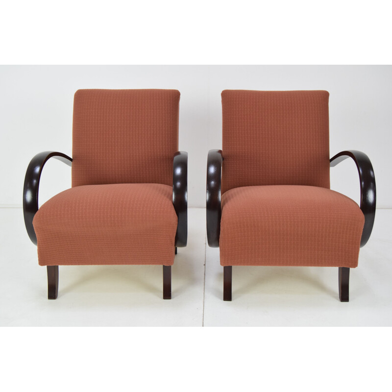 Pair of mid-century fabric and wood armchairs by Jindrich Halabala, Czechoslovakia 1950s