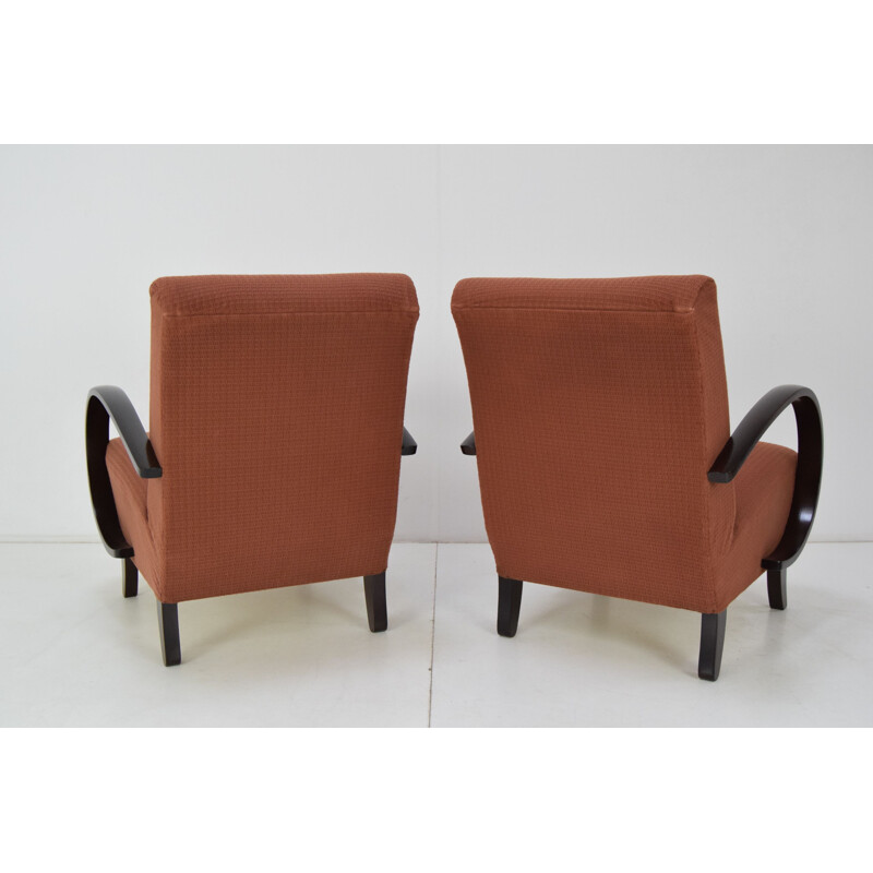 Pair of mid-century fabric and wood armchairs by Jindrich Halabala, Czechoslovakia 1950s