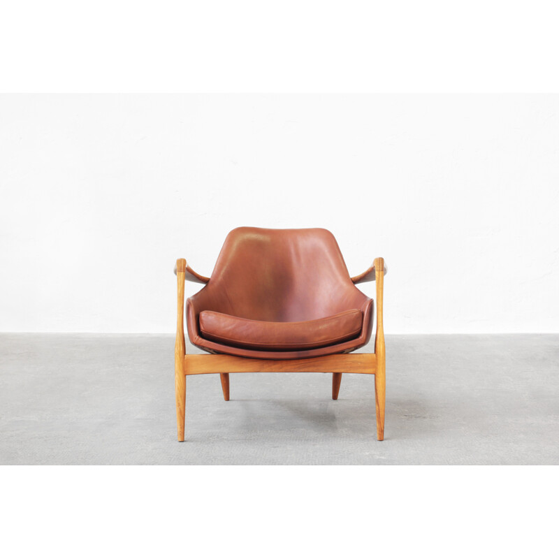 Pair of vintage Danish leather and nutwood armchairs by Ib Kofod Larsen for G. Laauser, Denmark 1960s