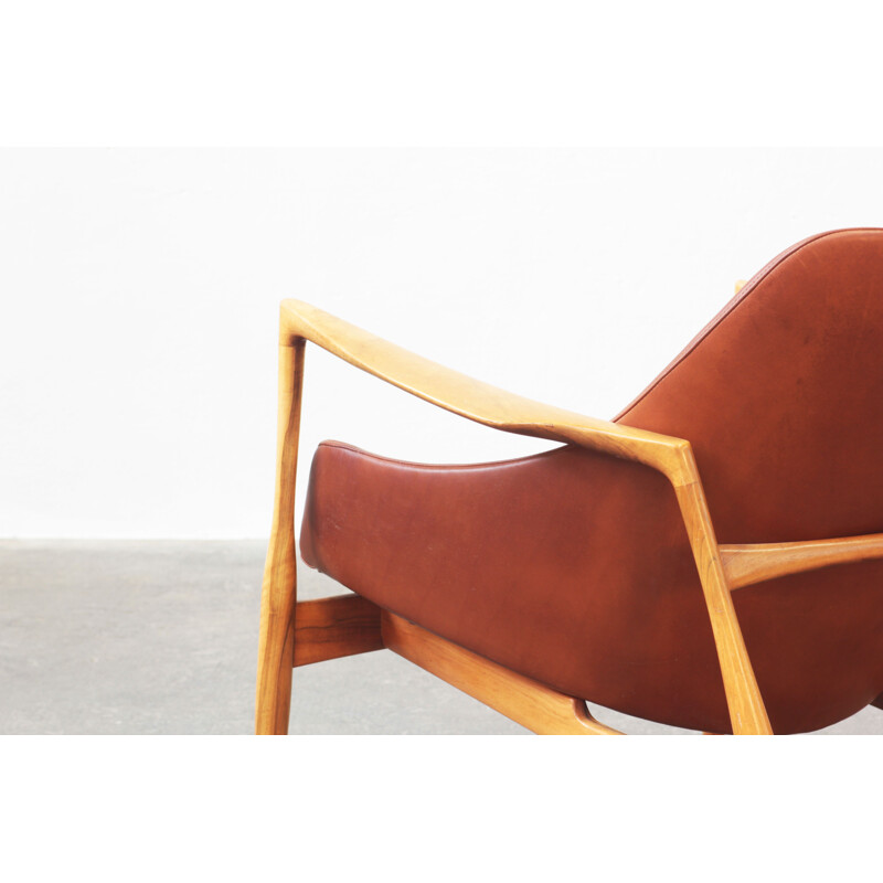 Pair of vintage Danish leather and nutwood armchairs by Ib Kofod Larsen for G. Laauser, Denmark 1960s