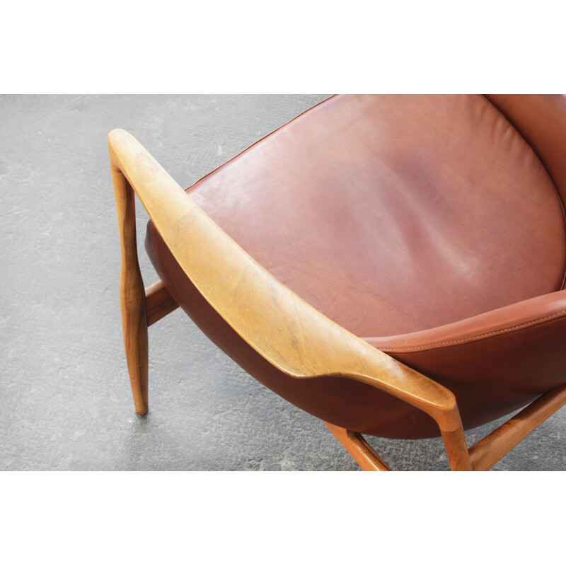 Pair of vintage Danish leather and nutwood armchairs by Ib Kofod Larsen for G. Laauser, Denmark 1960s