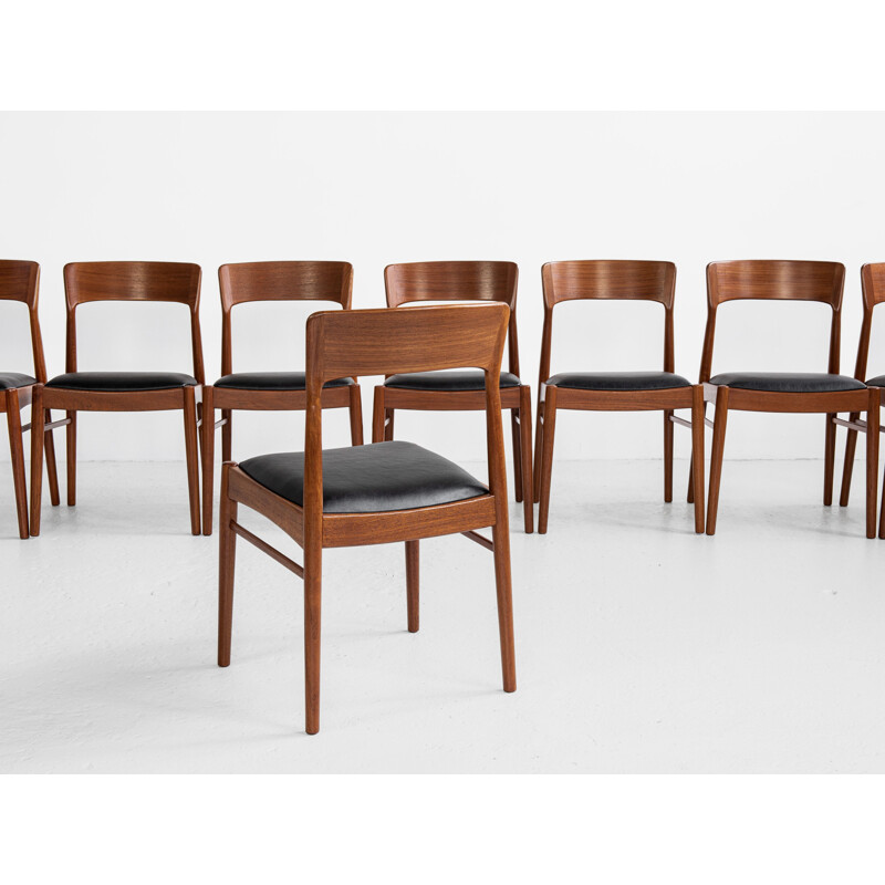Set of 8 mid century dining chairs in teak and skai by Henning Kjaernulf for Korup Stolefabrik, Denmark 1960s