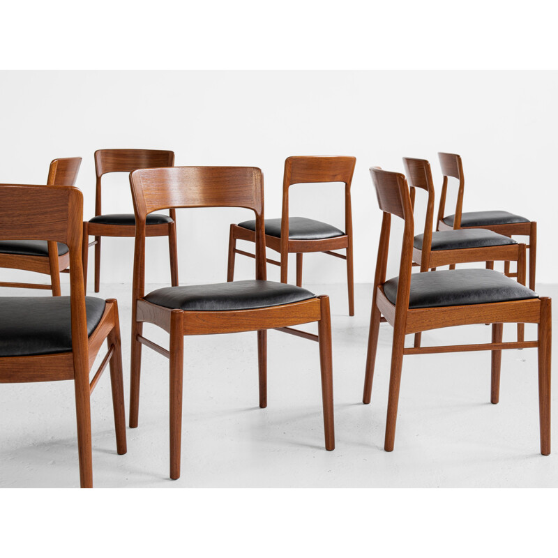 Set of 8 mid century dining chairs in teak and skai by Henning Kjaernulf for Korup Stolefabrik, Denmark 1960s
