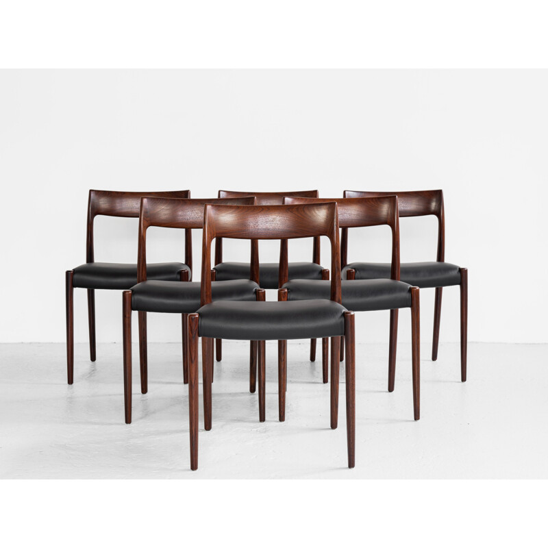 Set of 6 vintage chairs in rosewood and leather by Niels Otto Møller for J.L. Møllers Møbelfabrik, Denmark 1960s