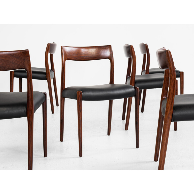 Set of 6 vintage chairs in rosewood and leather by Niels Otto Møller for J.L. Møllers Møbelfabrik, Denmark 1960s