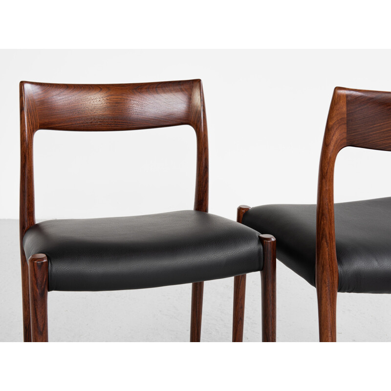 Set of 6 vintage chairs in rosewood and leather by Niels Otto Møller for J.L. Møllers Møbelfabrik, Denmark 1960s