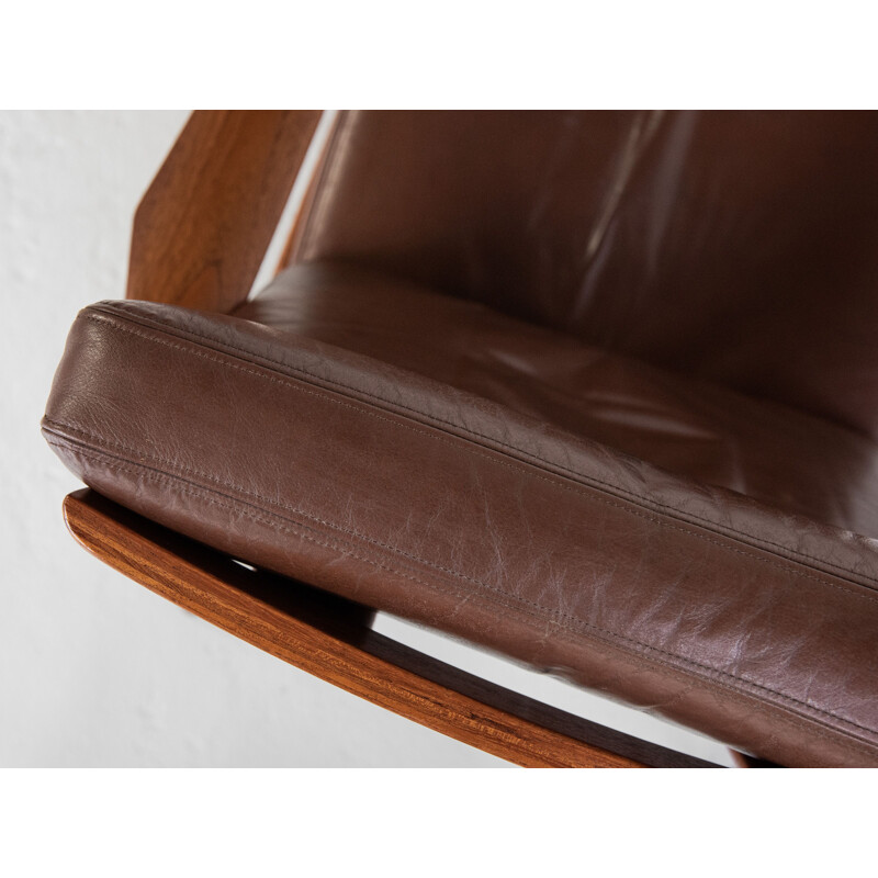 Sedia lounge vintage in teak e pelle di Arne Vodder per la Francia